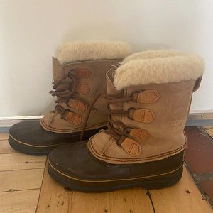 Sorel Women Alpine Tan Brown Leather Lace Up Mid Calf Winter Boots Sz 8